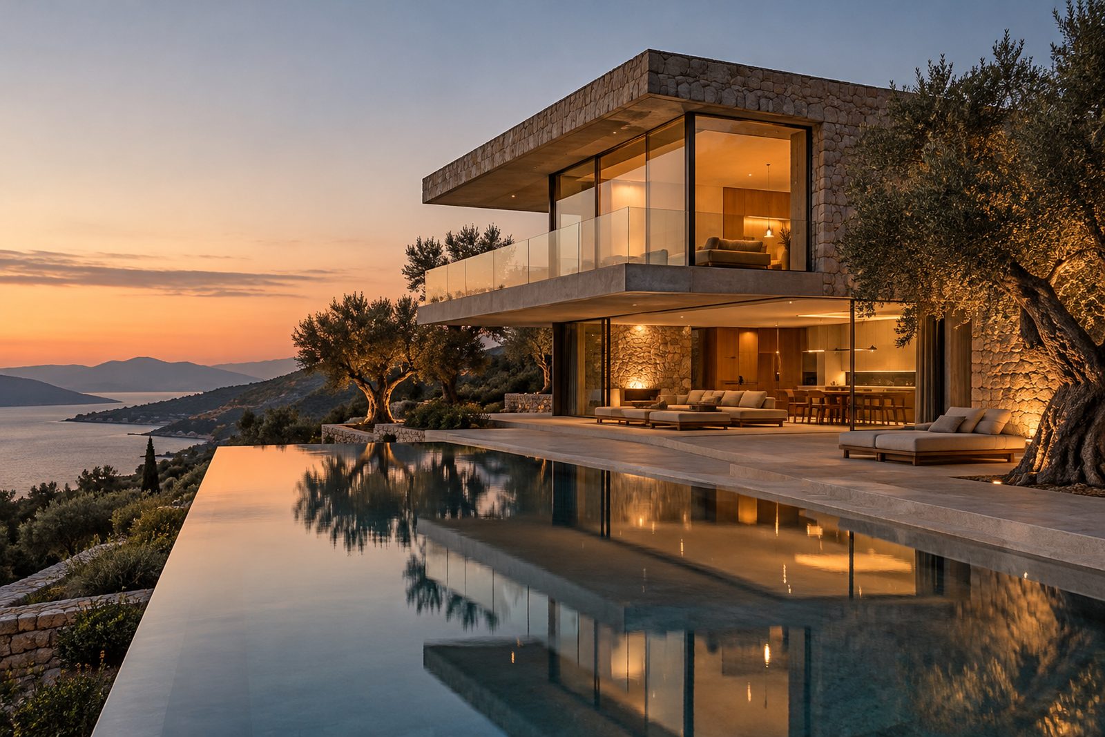 Akşam ışığında taş ve cam cepheli modern villa, önünde ince bir yüzme havuzu